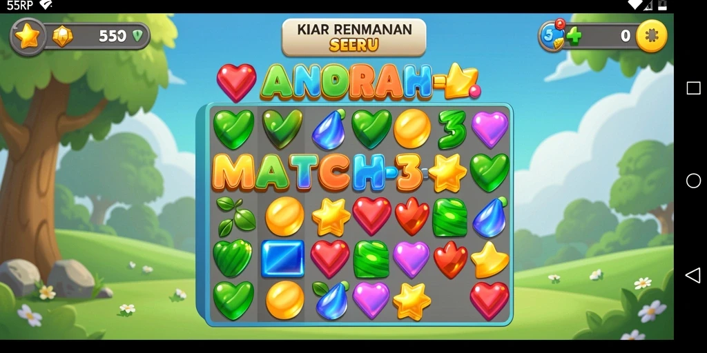 Tangkapan layar gameplay 55RP menampilkan tantangan Match-3 yang menarik dan seru.