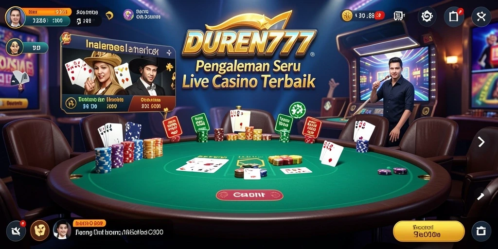 Screenshot gameplay DUREN777 yang menampilkan dealer live dan suasana kasino.