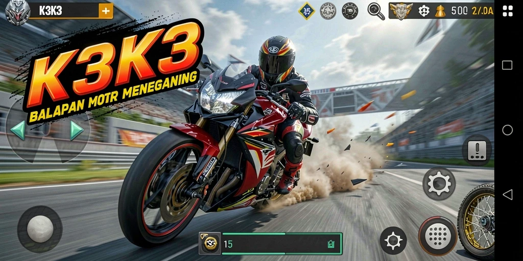 Tampilan gameplay K3K3 yang penuh aksi dan kepadatan balapan motor.