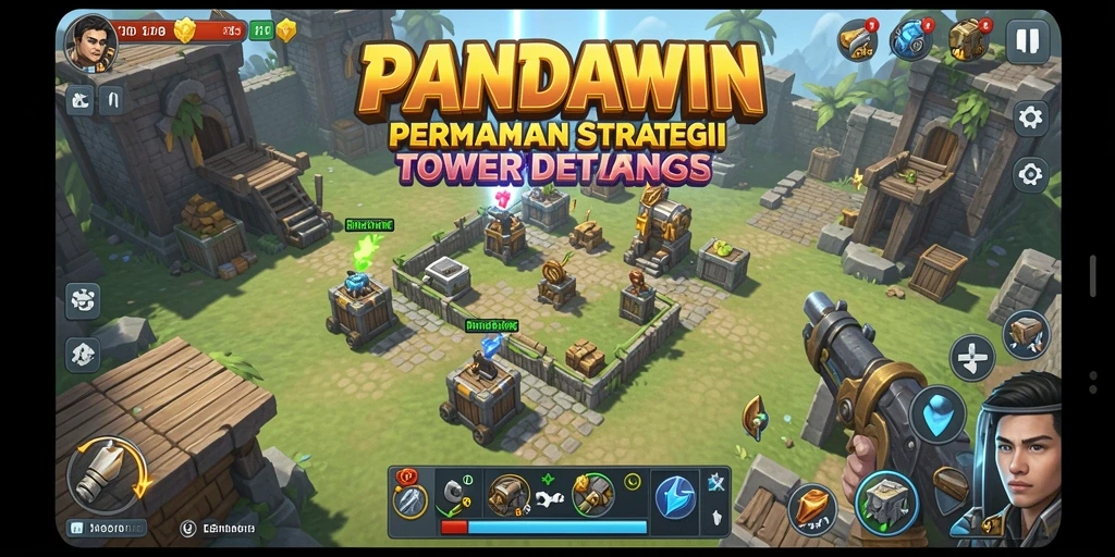 Tampilan menara dan musuh dalam gameplay Tower Defense yang menarik.