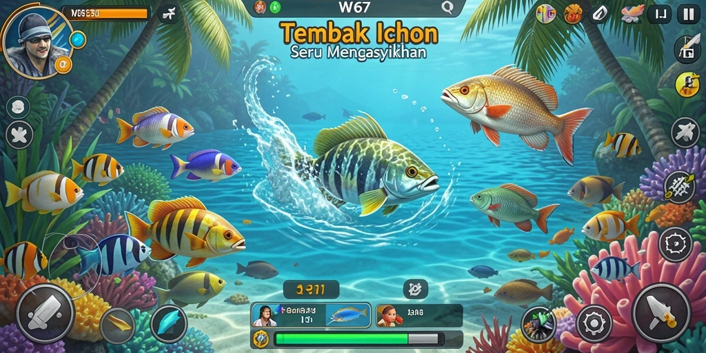 Screenshot gameplay W67 yang menampilkan aksi Tembak Ikan yang seru.